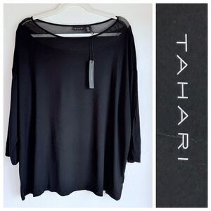 NWT Tahari Women's Mesh Boatneck Rayon Jersey 3/4 Sleeve Top in Black Size 1X